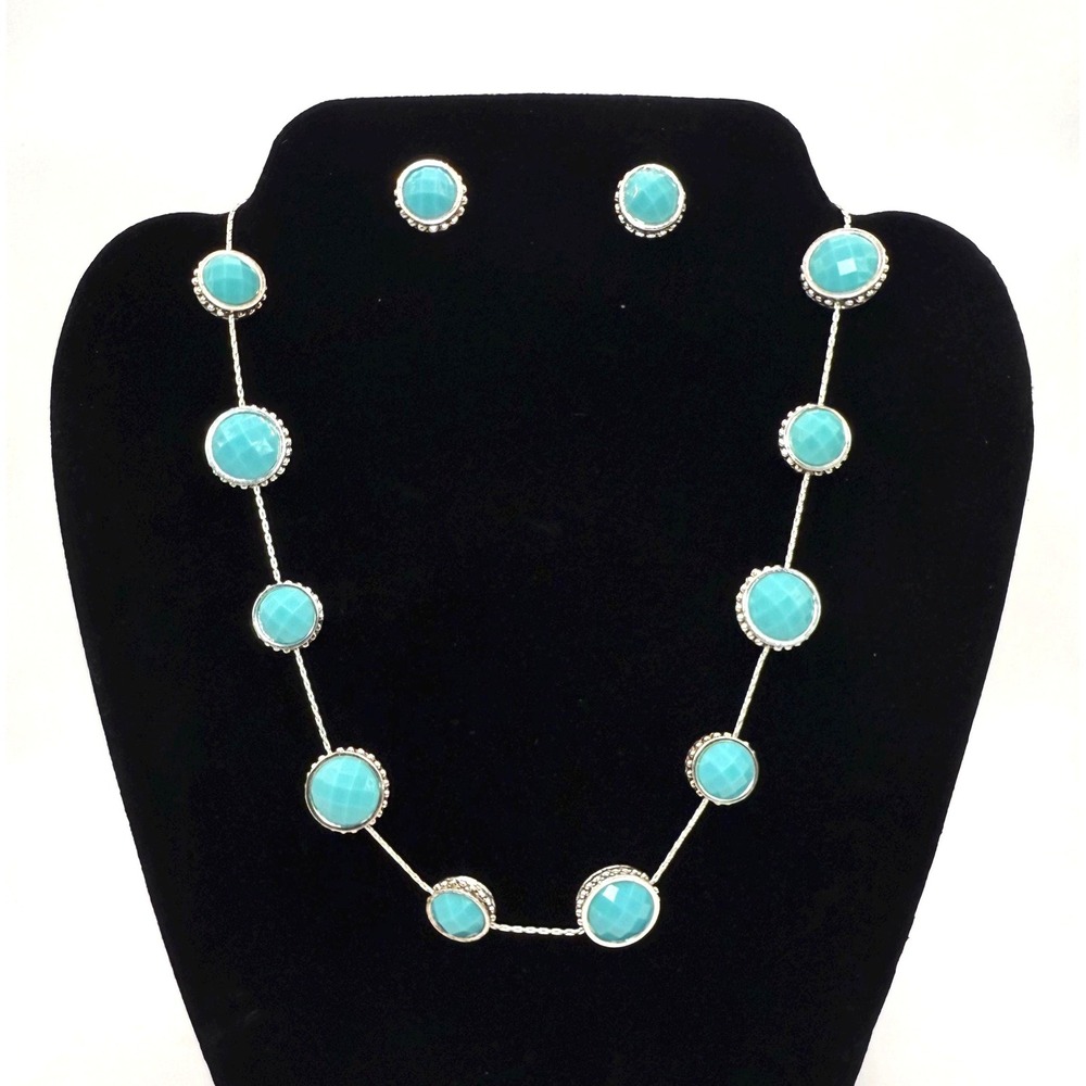 Vintage Napier Turquoise Necklace & Earring Set Silver Tone Station Necklace